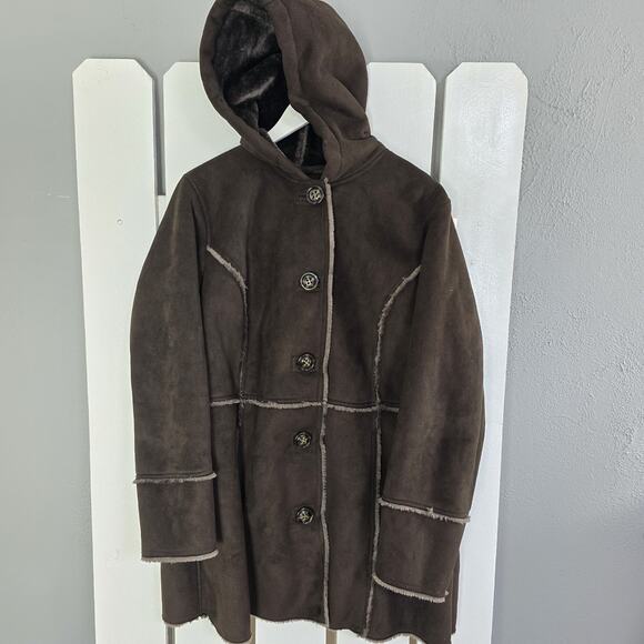 Coldwater Creek Women’s‎ Faux Fur Suede Hooded Button Jacket Brown XL 16 Cabin - Picture 1 of 8